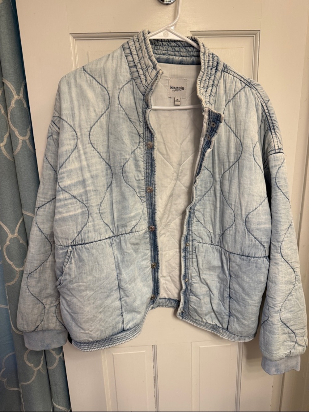 Kensie Pale Blue Quilted Bomber Jacket - Picture 2 of 4